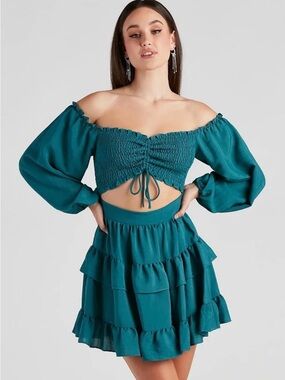 🚨SALE- Windsor Puff Sleeve Smocked Crop Top & Tiered Skirt Dress, S, NWT